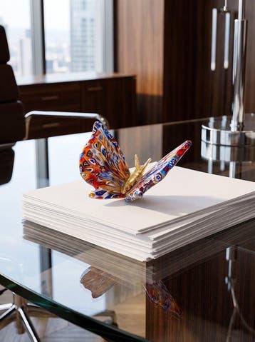 Murano - sculptuur, Farfalla in vetro di Murano con murrine