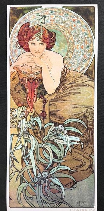 Marie Alphonse Mucha - “Gemstones Emerald, 1900”. Gesigneerd, Antiek en Kunst