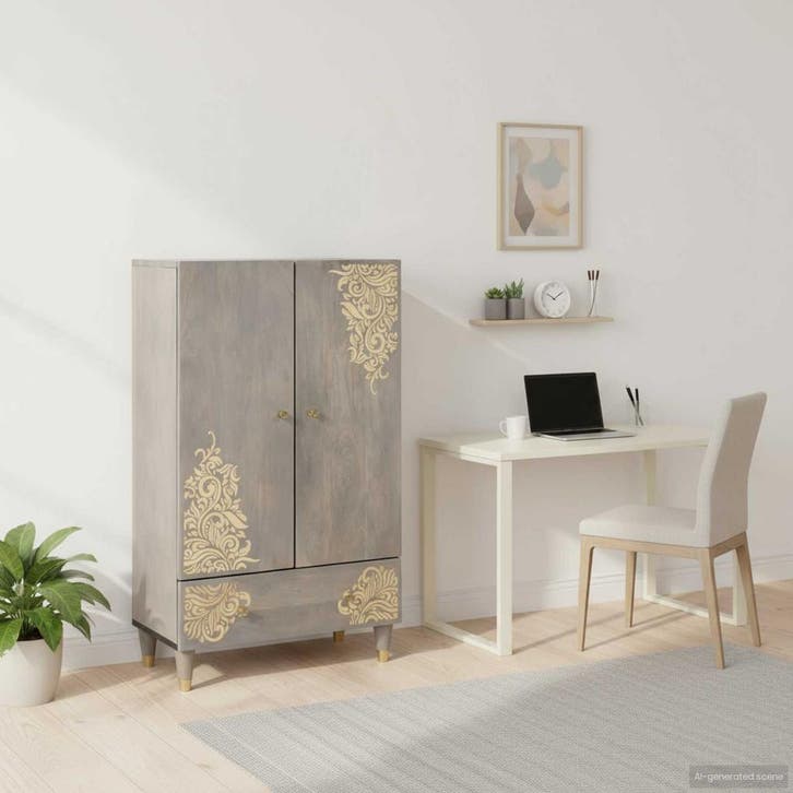 vidaXL Highboard Grijs en Goud 60 x 33 x 100 cm Massief, Huis en Inrichting, Woonaccessoires | Cd- en Dvd-rekken, Nieuw, Verzenden
