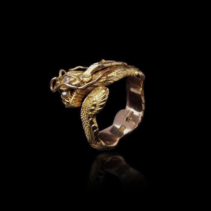 Ring Chinees 14k geelgoud draak herenring maat X groot, Handtassen en Accessoires, Ringen
