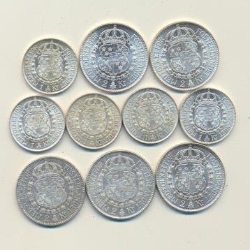 Zweden. Gustaf V. Collection of 10 coins: 1 & 2 Kronor, Gestempeld