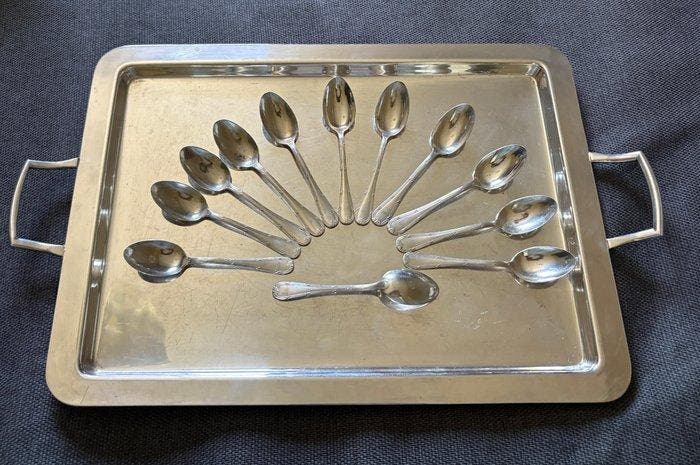 Beard - Dienblad - Verzilverd - Dienblad + 12 theelepels, Antiquités & Art, Antiquités | Ustensiles de cuisine