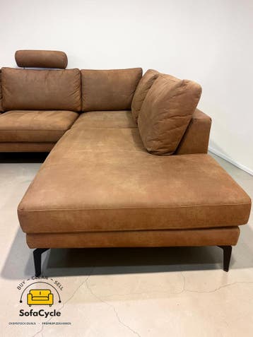 Hoekzetel cognac in microvezel met hoofdsteun – tweedehands, Huis en Inrichting, Zetels | Zetels en Chaises Longues, Verzenden