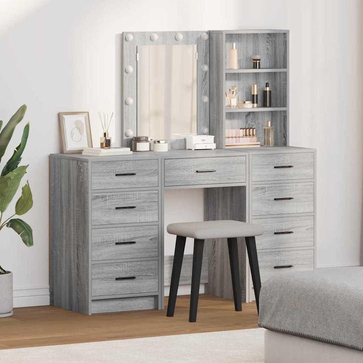 vidaXL Kaptafel met spiegellichten met lade 3 pcs Grijs, Maison & Meubles, Tables | Coiffeuses, Envoi