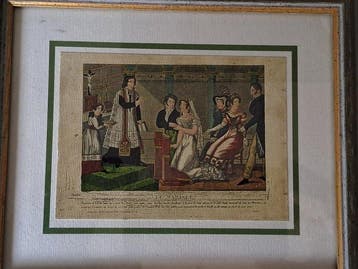 Collectie van memorabilia - Lithografie met houten lijst,