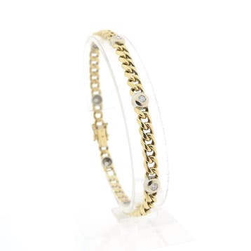 Bicolor gouden platte gourmetschakel armband met diamante..., Ophalen of Verzenden