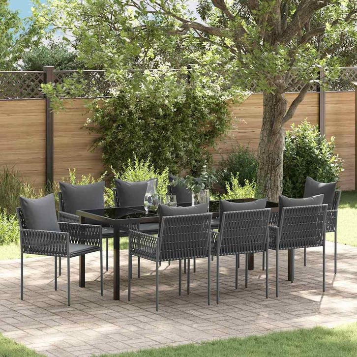 vidaXL Tuin Eettafel Set 9 st Zwart en Grijs PE Riet, Jardin & Terrasse, Ensembles de jardin, Envoi