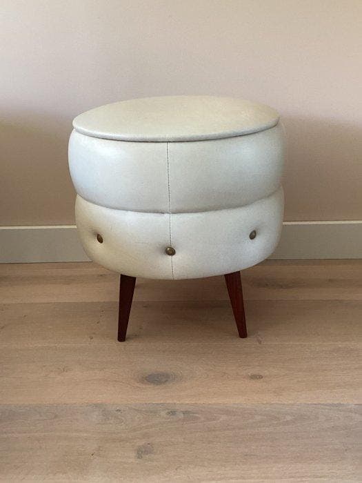 Pouf - Rond - Skai, Plastique, Bois - Avec espace de, Antiquités & Art, Art | Objets design