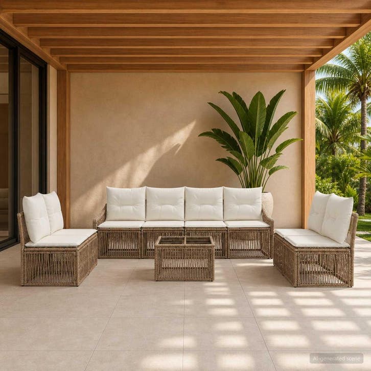 vidaXL Tuinbank Set 9 st Beige poly rattan, Jardin & Terrasse, Ensembles de jardin, Envoi