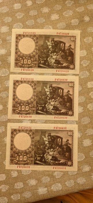 Spanje. - 3 x 100 Pesetas 1948 - Pick 137 - consecutive, Postzegels en Munten