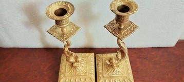 Kaarsenhouder Goudkleurige bronzen vis, antiek, negentiende