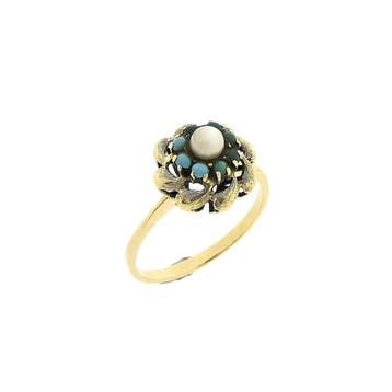 Vintage gouden ring met turquoise en parel, Ophalen of Verzenden