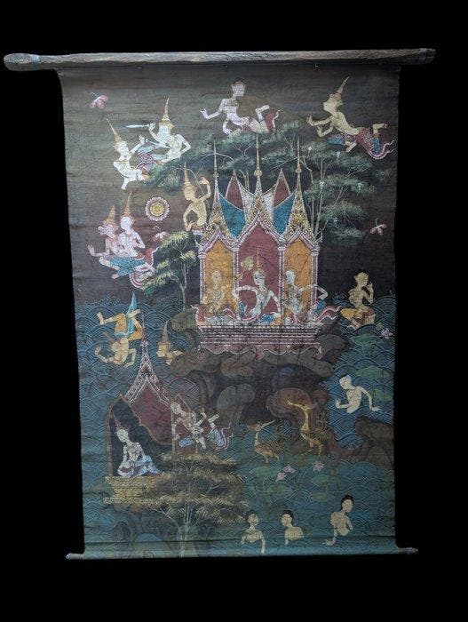 Escuela Tailandesa - Large Thai scroll painting – celestial, Antiquités & Art, Art | Art non-occidental