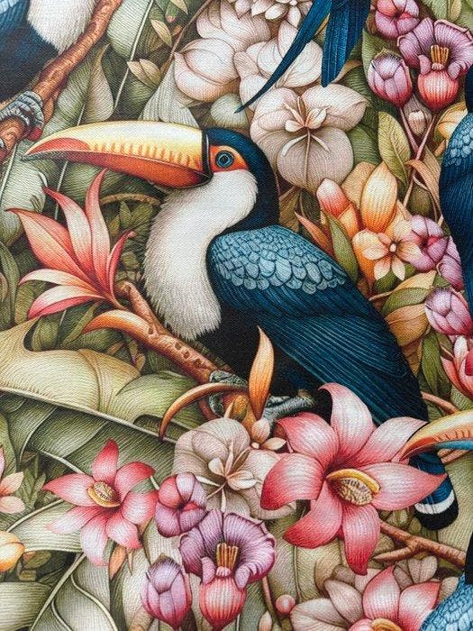 Bekleding- en gordijnstof, katoen, zacht, ontwerp: tropische, Antiek en Kunst, Antiek | Tapijten, Tafelkleden en Textiel