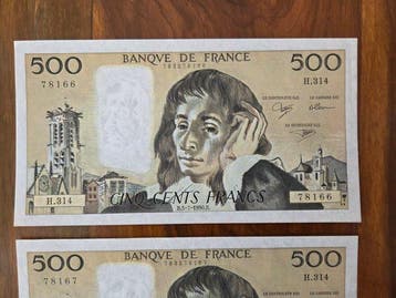 Frankrijk. - 2 x 500 Francs - 1990 - Consecutive - Pick 156h, Postzegels en Munten