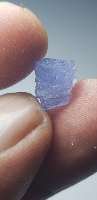 Tenebrescerende Hackmaniet, ruwe facet onder UV-licht Ruw-