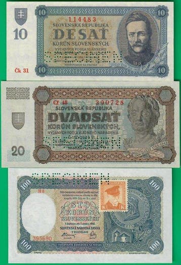 Slovaquie, Tchécoslovaquie. - 3 banknotes - all specimens -
