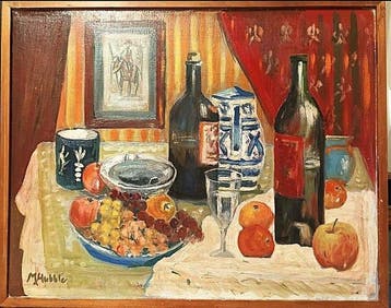 Europese school (XX) - Mesa con Cristal Loza y Frutas