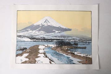 Mount Fuji bij schemering – Kawaguchi-meer (naar Hiroshi