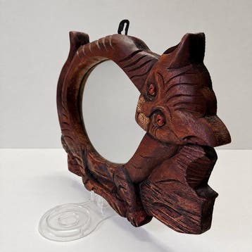 Handgesneden - Spiegel - Hout, Glas - Katten Spiegel, Antiek en Kunst
