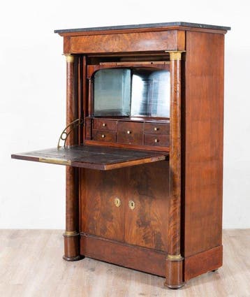 Mahonie empire secretairekast met spiegel en marmeren