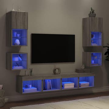 vidaXL 8-delige Tv-wandmeubelset met LED bewerkt hout grijs, Verzenden