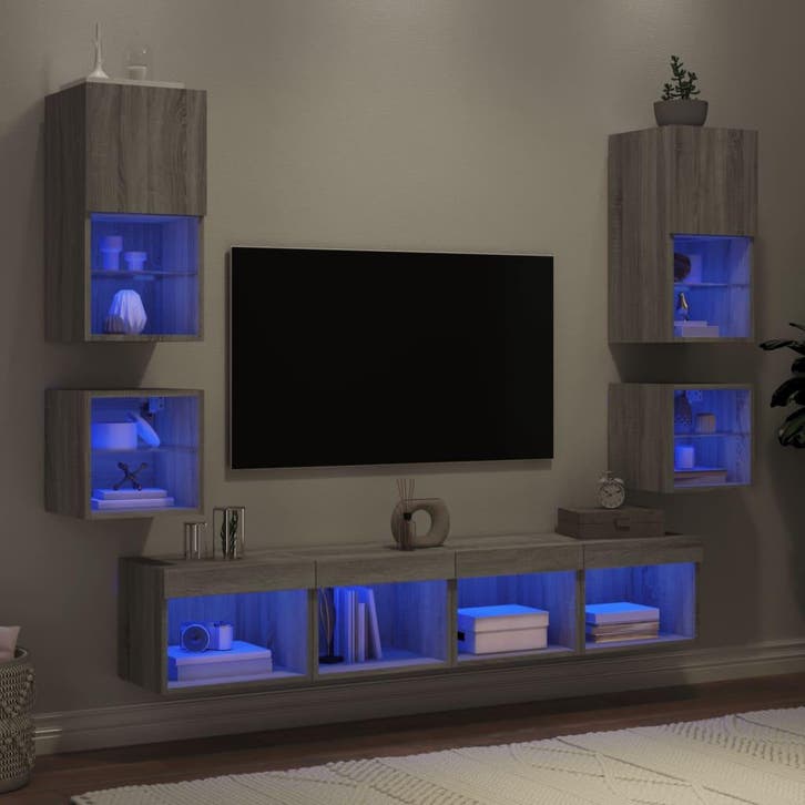 vidaXL 8-delige Tv-wandmeubelset met LED bewerkt hout grijs, Maison & Meubles, Armoires | Mobilier de télévision, Envoi