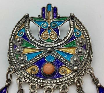Zilver, Emaille - Fibula - Kabyle broche koraal, Antiek en Kunst