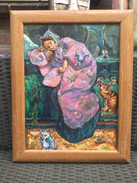 Borgen Lindhardt (1974) - Kimono meisje met katje en fjorden, Antiek en Kunst, Kunst | Schilderijen | Klassiek