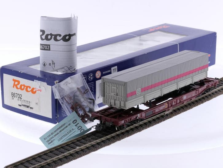 Schaal H0 Roco 66702 dieplader wagen Sdkms DB-oplegger..., Hobby en Vrije tijd, Modeltreinen | H0, Gelijkstroom, Analoog, Zo goed als nieuw