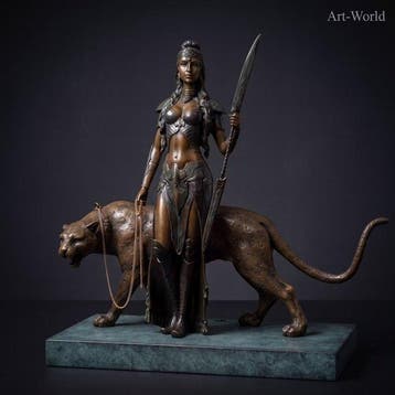 Beeld, Amazone krijger met panther 38.5 cm / 6.3 kg - 36 cm