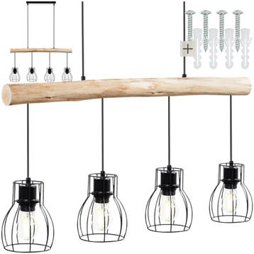 Hanglamp Woody, 4-lichts, met houten balk, 40 W, Huis en Inrichting, Lampen | Hanglampen, Verzenden, Nieuw