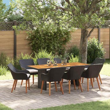 vidaXL Tuin Eettafel Set 9 st Zwart poly rattan, Verzenden, Nieuw