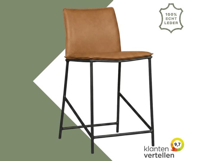 Leren barkruk laag Favor - Granada Sahara (cognac) - poten, Huis en Inrichting, Barkrukken, Nieuw, 1 kruk, Leer, 60 tot 90 cm