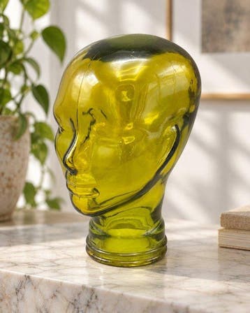 Hoofd - Vintage glazen displayhoofd – opvallend geelgroen en, Antiek en Kunst