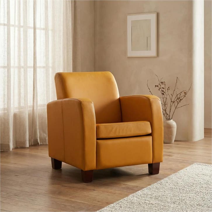 Leren fauteuil Joy - Toledo Leem (geel/bruin) - Poten hout, Maison & Meubles, Fauteuils, Enlèvement ou Envoi