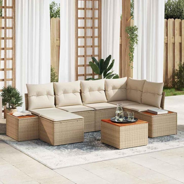 vidaXL Tuinbank Set met kussen 7 pcs Beige en Crème, Jardin & Terrasse, Ensembles de jardin, Envoi
