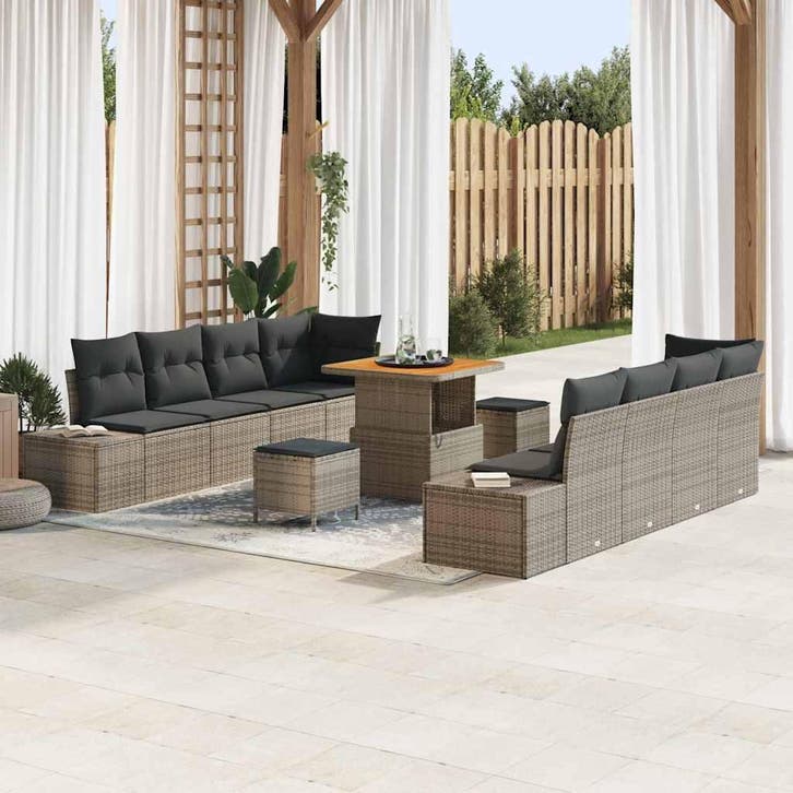 vidaXL Tuinbank Set met kussen 11 pcs Grijs poly rattan, Tuin en Terras, Tuinsets en Loungesets, Nieuw, Verzenden