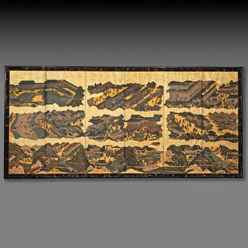 Vouwscherm met Kyoto-genre schilderkunst - Zijde, Papier,