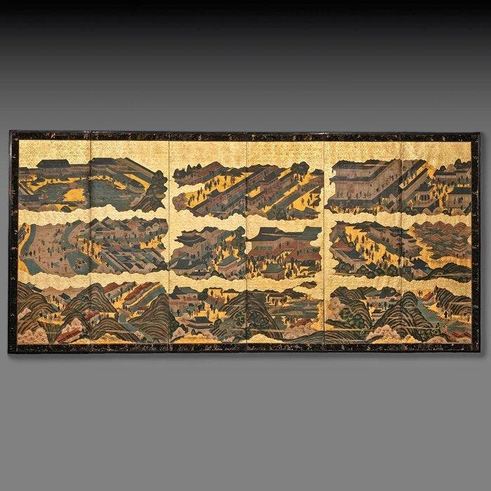 Vouwscherm met Kyoto-genre schilderkunst - Zijde, Papier,, Antiquités & Art, Antiquités | Autres Antiquités