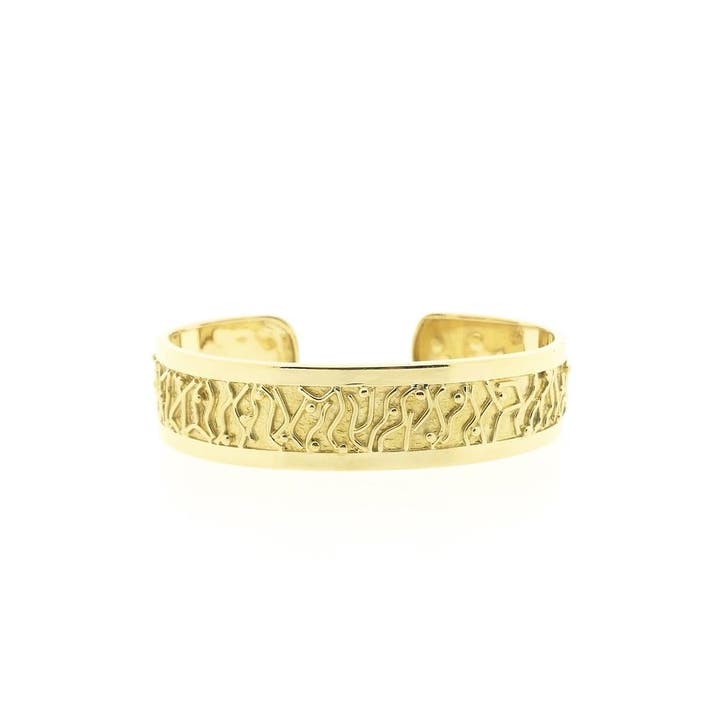 Gouden brede slavenarmband met gravures; Maat M, Handtassen en Accessoires, Armbanden, Goud, Gebruikt, Goud, Ophalen of Verzenden