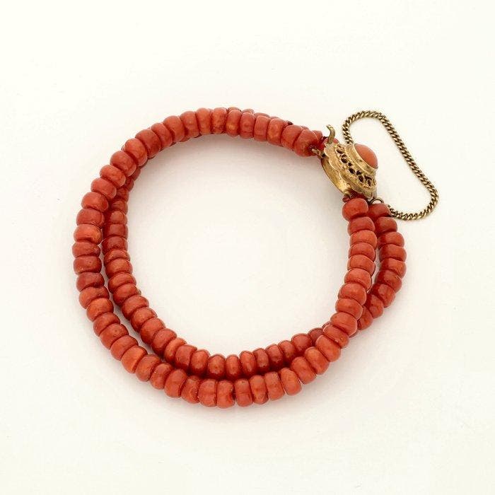 Armband - 14 karaat Geel goud - Bloedkoraal, Handtassen en Accessoires, Armbanden