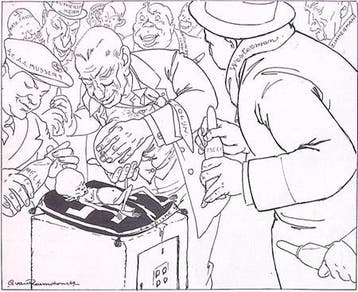 Spotprent met mannen die het fascisme grootbrengen (Lithos), Verzenden