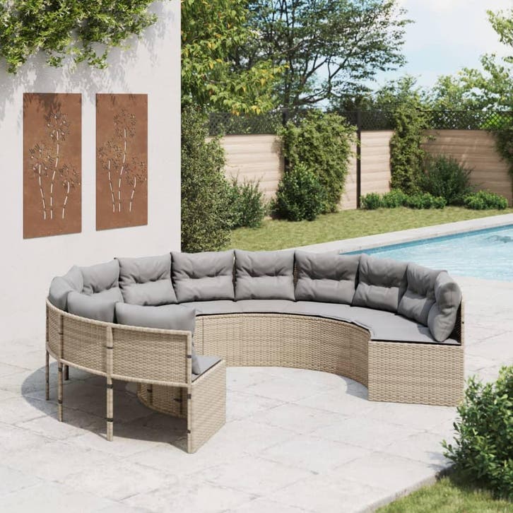 vidaXL Tuinbank met kussens rond poly rattan beige, Tuin en Terras, Tuinsets en Loungesets, Nieuw, Verzenden