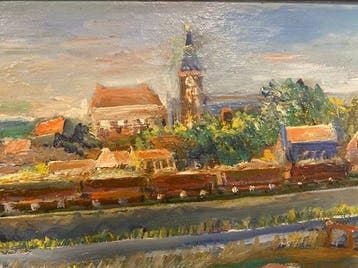 Arie Zuidersma (1925-2014) - Dorpsgezicht met trein en, Antiek en Kunst