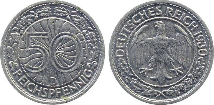 50 Pfennig Duitsland 50 Reichspfennig 1930 D vz/stgl mini..., Postzegels en Munten, Munten | Europa | Niet-Euromunten, België