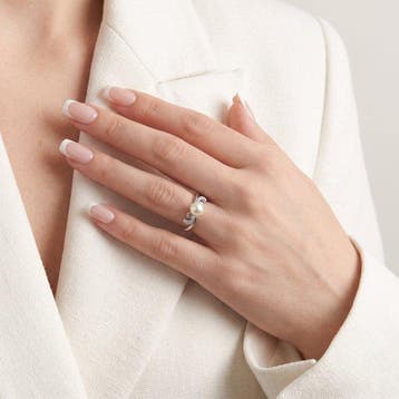 Ring - 18 karaat Witgoud - 0.06ct. tw. Parel - Diamant, Nieuw