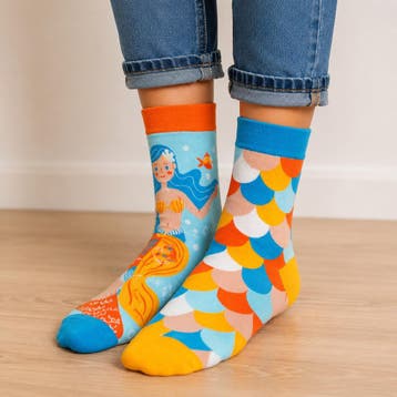 Sokken Katoen - Zeemeermin Print - Blauw Oranje Beige Wit -, Nieuw