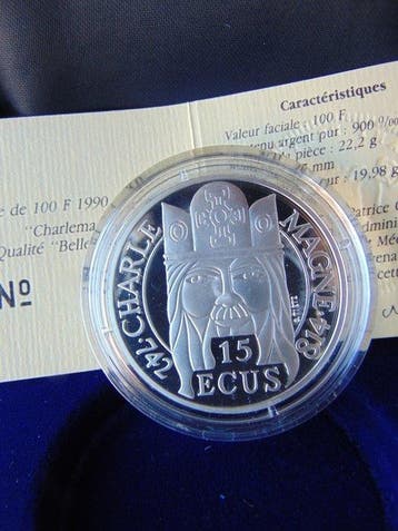 Frankrijk. 15 ecu 100 francs Charlemagne king silver proof