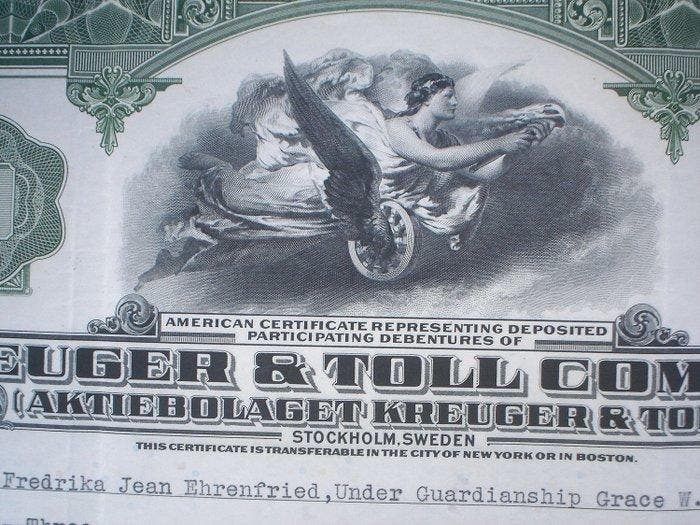 Zweden. Krueger & Toll Stock Certificate 100$, 1929, Antiek en Kunst, Antiek | Speelgoed